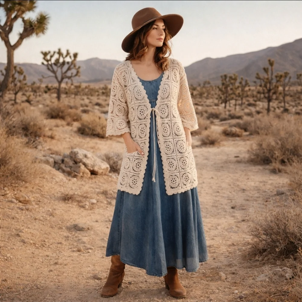 New Crochet Cardigan Natural Cream long Tie Front Festival NWT Sz S/M